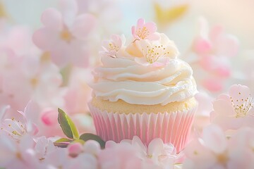 Delicate cupcake adorned with spring blossoms.