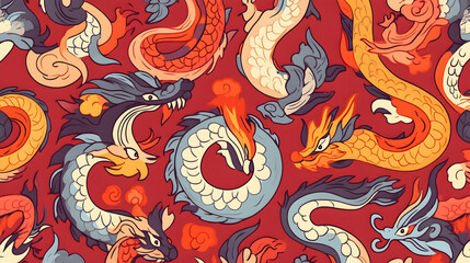 Obraz premium Colorful Asian dragons swirling pattern, red background, textile design