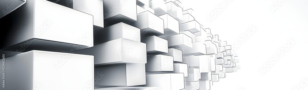 Poster a series of white rectangular blocks arranged in a linear perspective on a bright background.