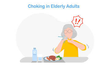 Flat illustration in the concept of choking in elderly people. An elderly woman in a yellow shirt is eating food and choking on food.