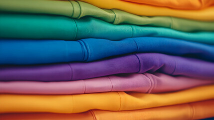 Colorful clothing stack, neatly folded, close-up view, fabric texture, apparel background, ideal for fashion websites