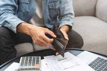 Debt financial concept, stressed problem people asian man, male hand open empty wallet not have...