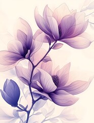 A detailed illustration of purple magnolia flowers, set against a white background. 