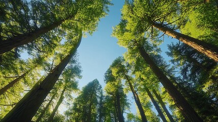 Bottom-up view green forest canopy. Climate change. Natural green biodiversity ecosystem background