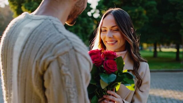 Couple Smiling Together While Holding Roses Shot