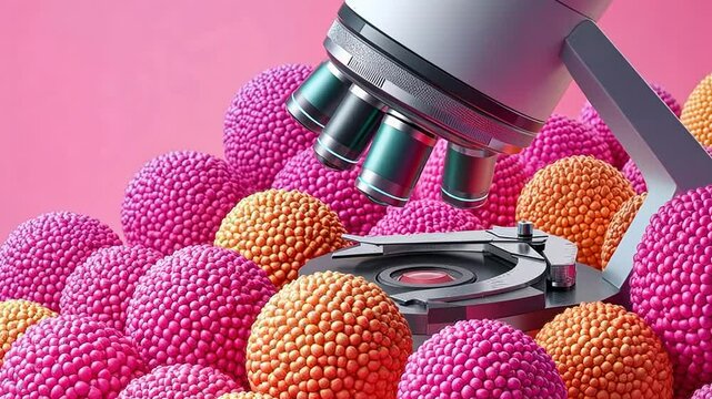 A vibrant image featuring a microscope positioned over colorful spheres, scientific exploration or microscopic