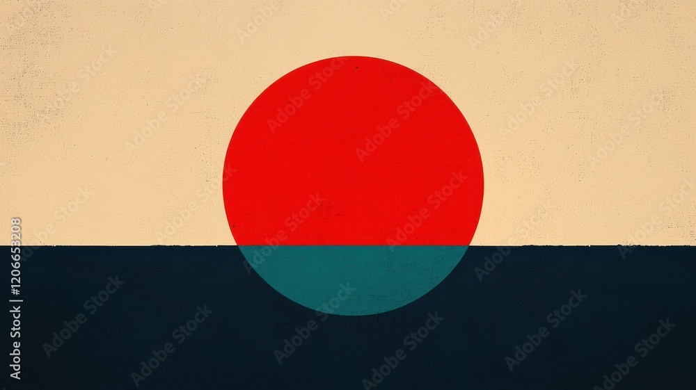 Poster a minimalistic design featuring a large red circle above a teal horizontal stripe on a beige backgro