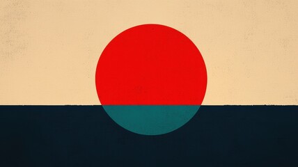 A minimalistic design featuring a large red circle above a teal horizontal stripe on a beige background, evoking a serene, abstract aesthetic.
