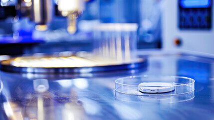 Fototapeta premium Close-up of a semiconductor chip on a sleek, metallic surface with blurred factory machinery in the background, symbolizing global chip export, shot at f/2.0 for shallow depth of field.