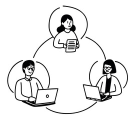 black and white One line art group business team meeting and working collaboration in office workplace concept. flat vector illustration set cartoon character design concept.