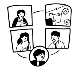 black and white One line art group business team meeting and working collaboration in office workplace concept. flat vector illustration set cartoon character design concept.