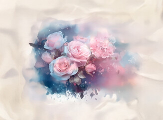 Fototapeta premium A soft, dreamy bouquet of pink and blue roses sits against a creamy, flowing background. Watercolor-like textures add to the ethereal feel.