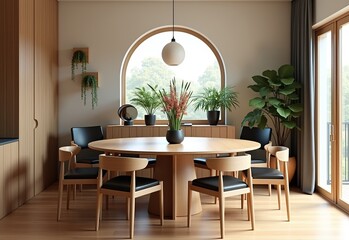 Round Table Dining Room: Wood & Minimalist, Plants on Wall, Arched Window, Oval Light, Black Cushions, Wood Panel Walls, Mirror, Flower Vases, Modern Interior.

