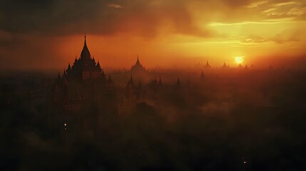 Fototapeta premium Sunset Over Bagan Temples Ancient Myanmar Landscape