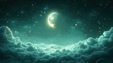 Celestial Dreamscape: A Night Sky Adorned with a Crescent Moon and Starry Clouds