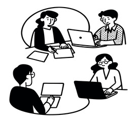 black and white One line art group business team meeting and working collaboration in office workplace concept. flat vector illustration set cartoon character design concept.