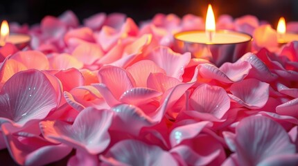 candlelight illuminates a pile of delicate pink rose petals, creating iridescent reflections and a warm glow, with flickering flames adding a dynamic element