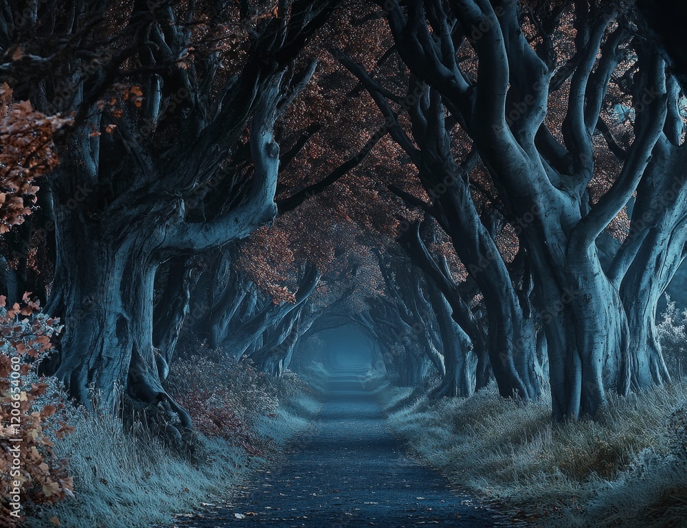 Poster mystical autumn path through ancient trees shrouded in fog.