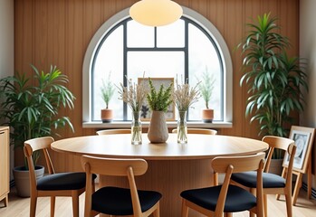 Fototapeta premium Modern Dining Room Design: Round Wood Table, Black Cushions, Arched Window, Oval Light, Plants on Wall, Flower Vases, Wood Panel Walls, Mirror, Minimalist Style.