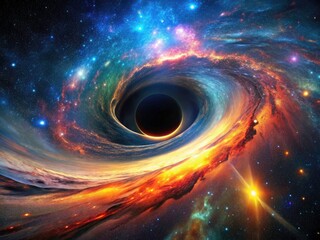 Obraz premium Astronomy's breathtaking image: an ethereal black hole's gravity dominating space, stars, nebulae, and dark matter.