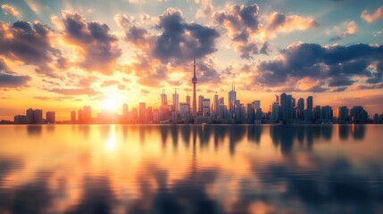 Fototapeta premium Toronto Skyline Sunset: Golden Hour Reflection