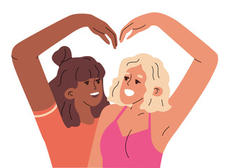 Two girls posing for a photo making a heart gesture with their hands. Instant photo from a photo machine. Joyful friendly relations. Vector illustration.