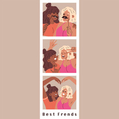 Two girls posing for a series of photos. Instant photo from a photo machine. Joyful and strong friendship. Happy youth. Fun at a party. Vector illustration.