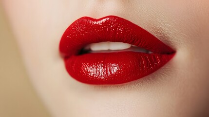 Closeup of vibrant red lips wearing glossy lipstick