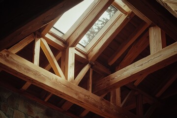 Wooden roof beams and skylight.