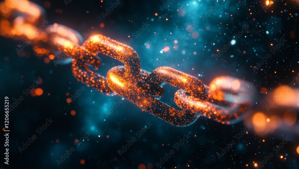 Poster glowing chain links in dark space.
