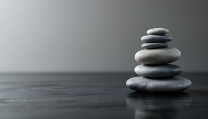 zen, stones, asymmetrical, stack, modern, matte, glossy, textures, polished, black, surface, reflections, subtle, gradient, gray, background, 8K, resolution, balance, harmony, calm, minimalist,