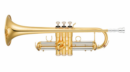 Obraz premium Golden trumpet isolated on white background; musical instrument; studio shot; for music website, brochure, or poster