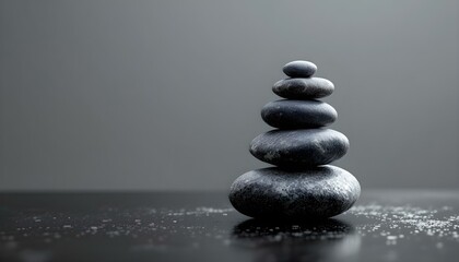 zen, stones, asymmetrical, stack, modern, matte, glossy, textures, polished, black, surface, reflections, subtle, gradient, gray, background, 8K, resolution, balance, harmony, calm, minimalist,