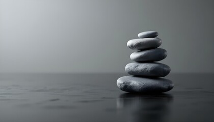 zen, stones, asymmetrical, stack, modern, matte, glossy, textures, polished, black, surface, reflections, subtle, gradient, gray, background, 8K, resolution, balance, harmony, calm, minimalist,