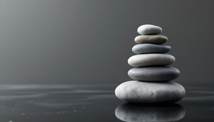 zen, stones, asymmetrical, stack, modern, matte, glossy, textures, polished, black, surface, reflections, subtle, gradient, gray, background, 8K, resolution, balance, harmony, calm, minimalist,