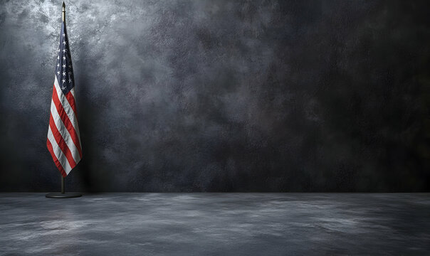 American flag studio backdrop, concrete wall