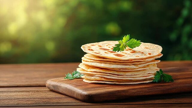 Freshly made flatbreads stacked on a wooden board