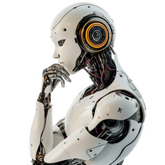 Ultrs HD PNG image of a human ai robot standing making thinking pose on an isolated transparent background automation