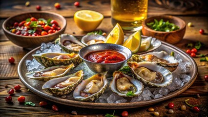 Fototapeta premium Beach shack bliss: Seafood feast, oysters bathed in lemon and hot sauce's glow.