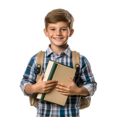 Ultra HD PNG image of Cute small child wearing bagpack having books in hands smiling to camera on an isolated transparent background