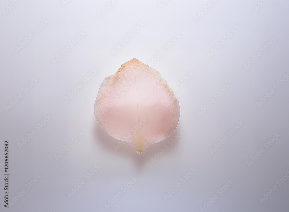 Poster a single, pale pink flower petal rests on a plain white background. its delicate texture and subtle 