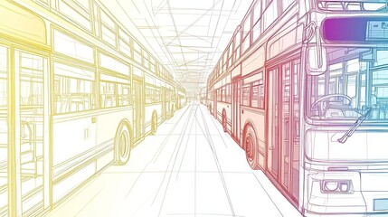 A line drawing of buses in a garage, showcasing transportation design and layout.