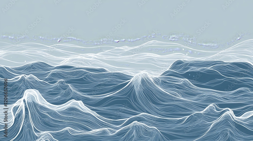 Poster abstract representation of ocean waves with flowing lines and soft colors.
