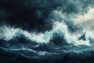 Stormy sea with crashing waves and dark skies painted in dramatic watercolor tones.