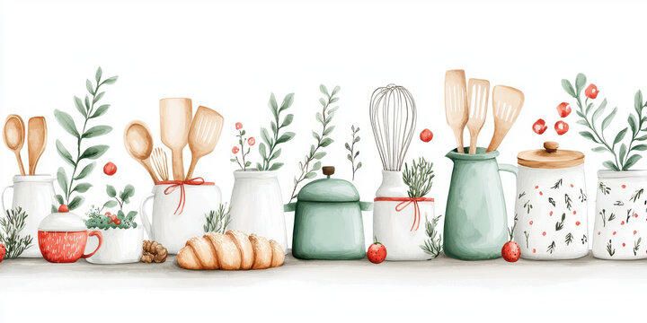 watercolor illustration of kitchen equipment, featuring pots, utensils, and fresh herbs, creating warm and inviting atmosphere. Perfect for culinary themed decor