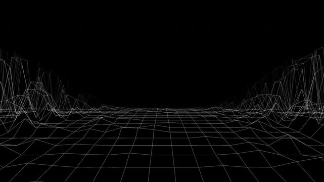 80年代風のレトロなグリッドとワイヤーフレームの道を進んでいくランドスケープ背景 
Landscape background with 80's style retro grid and wire frame pathway