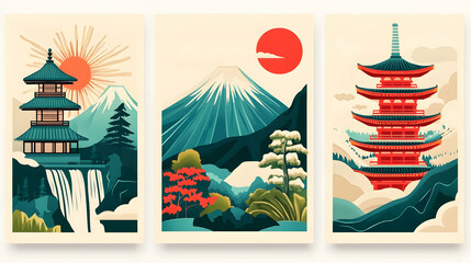 Japanese landscape triptych Mount Fuji, pagoda, waterfall; autumn foliage; travel poster