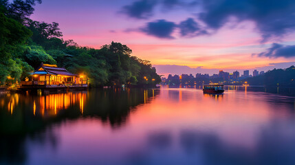 Obraz premium Lakeside sunset, illuminated pavilion, boat, cityscape backdrop; travel, tourism, serenity