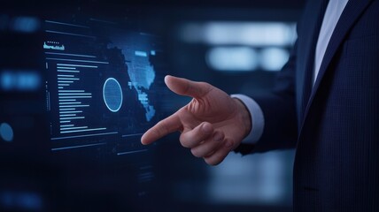 A businessman interacts with a high-tech digital interface displaying data analytics and a world map.