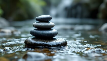 zen, stones, asymmetrical, stack, rugged, textures, rock, water, stream, gentle, wet, droplets, surfaces, ripples, splashes, photorealistic, detail, soft, natural, lighting, harmony, balance, serene, 